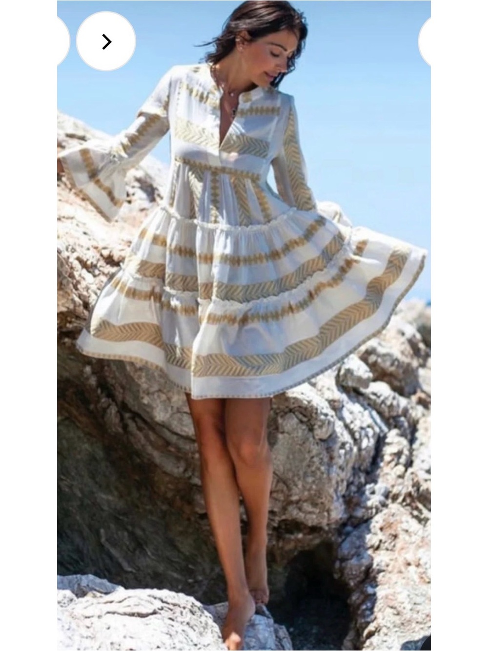 White & Gold Tiered V-Neck Mini Dress